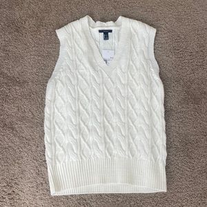 V-neck white cable sweater